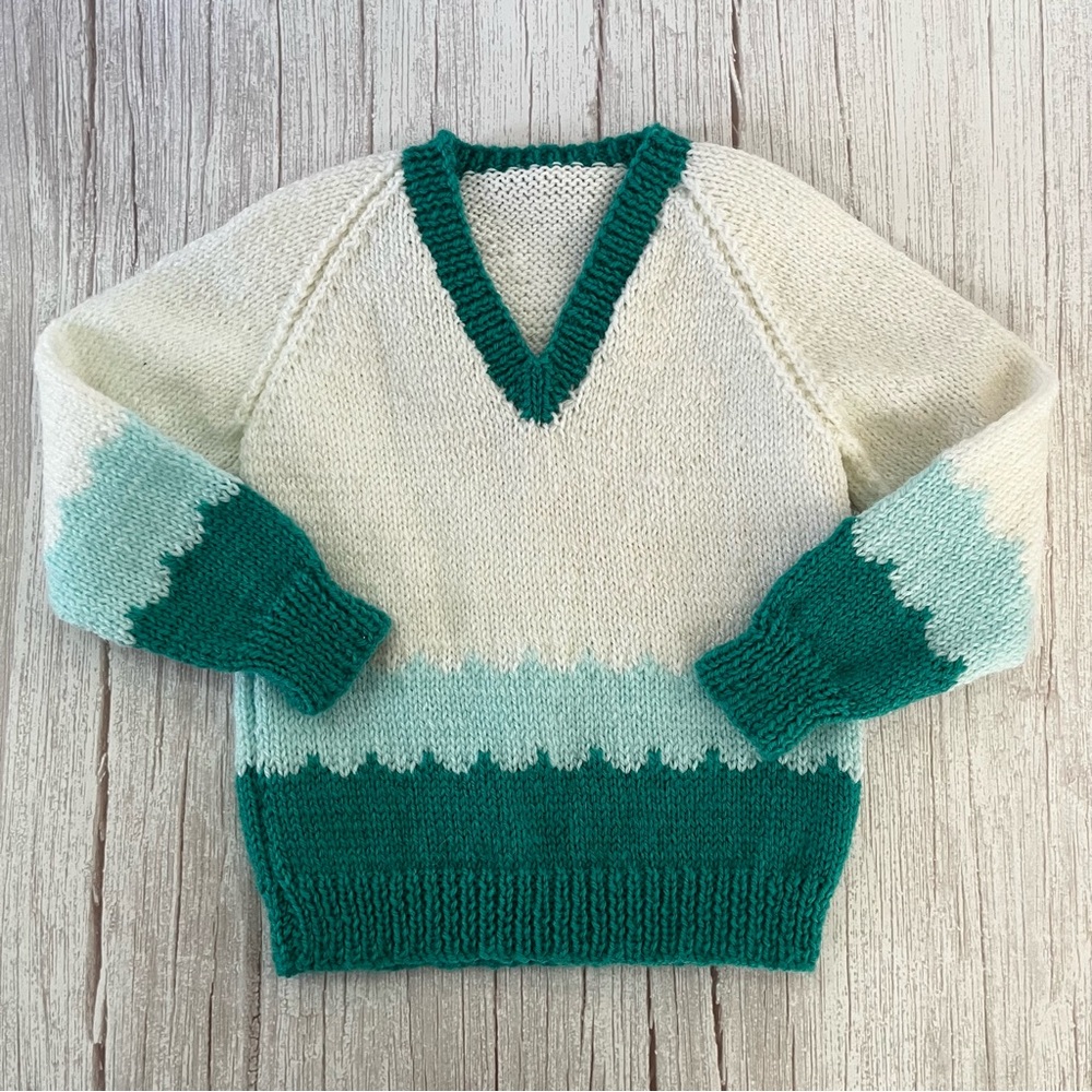 Handmade Baby Girl/Boy Knit V Neck Long Sleeve Sweater 18-24 Months White Teal